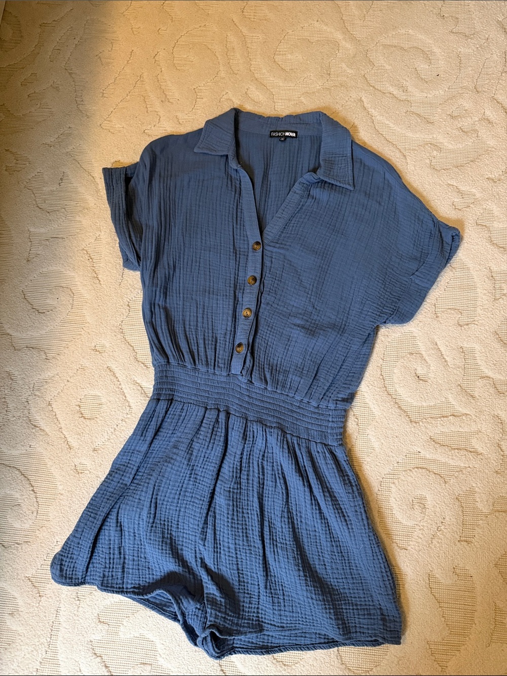 Fashion Nova Slate Blue Button-Front Short Sleeve Romper